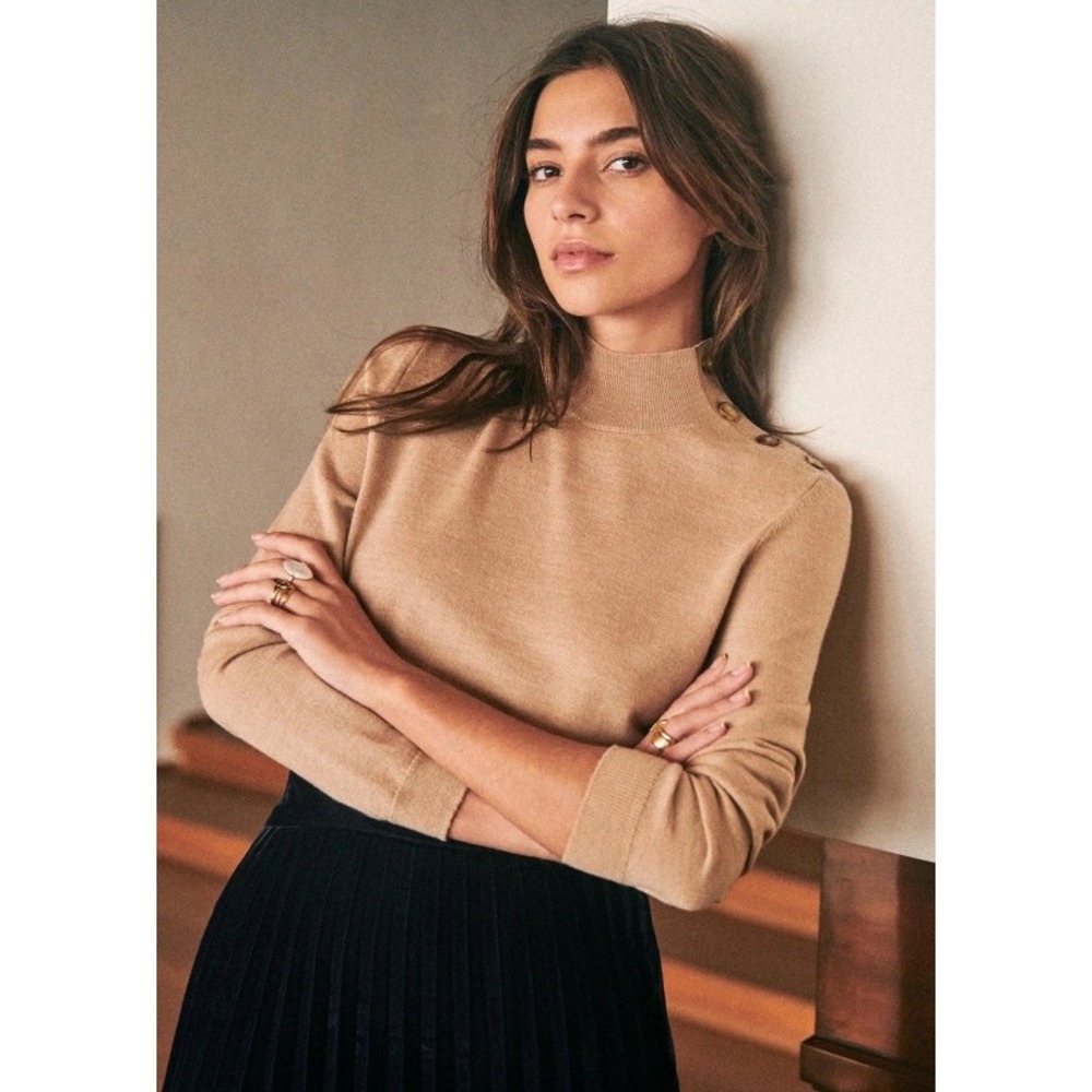 Sezane Jacob Sweater Women XS Camel Merino Wool Button Shoulder S212PUL009M